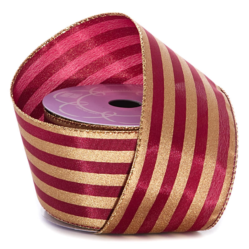 Kensington Striped Satin Wired Ribbon 2 1/2 '' X 10 yd Wine / Gold Color 1 / ROLL