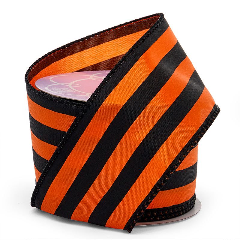 Carnival Stripe Wired Ribbon 2 1/2'' x 10 yd Black / Orange - 1 / ROLL