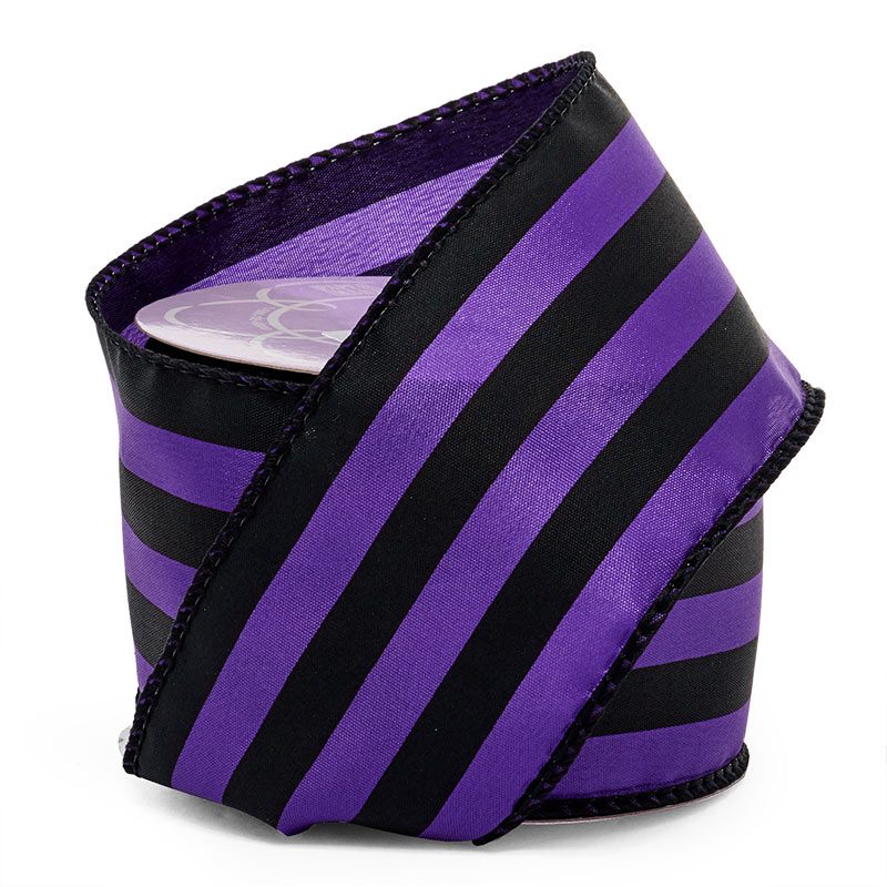 Carnival Stripe Wired Ribbon 2 1/2'' x 10 yd Black / Purple - 1 / ROLL