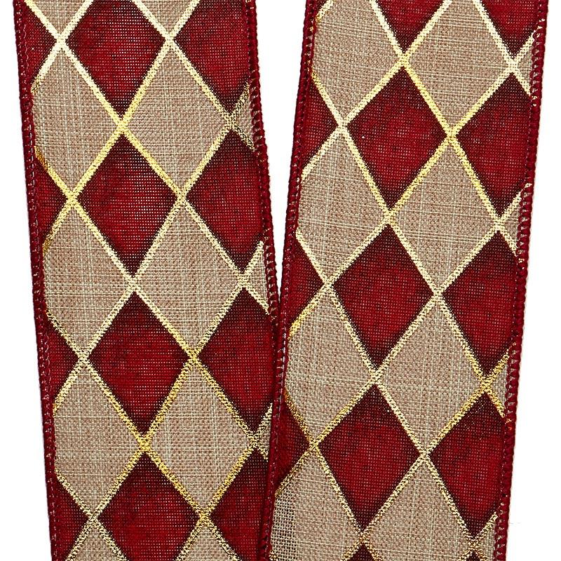 Holiday Harlequin Print On Faux Linen Wired Ribbon 2 1/2 '' X 10 yd - 1 / ROLL