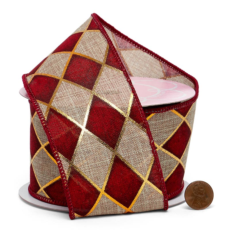 Holiday Harlequin Print On Faux Linen Wired Ribbon 2 1/2 '' X 10 yd - 1 / ROLL