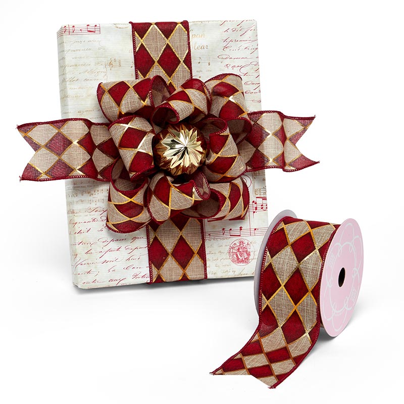Holiday Harlequin Print On Faux Linen Wired Ribbon 2 1/2 '' X 10 yd - 1 / ROLL