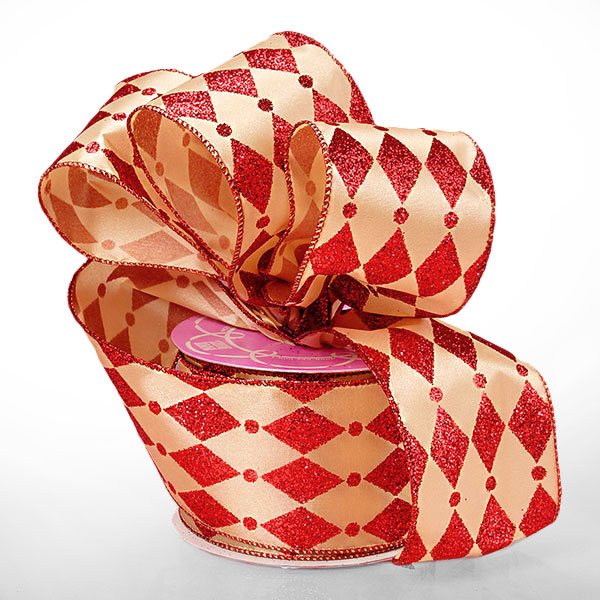 Harlequin Satin Ribbon 2 1/2 '' X 10 yd Ivory / Red Color 1 / ROLL