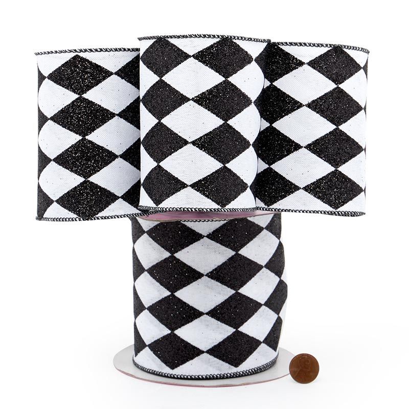 Extra Wide Harlequin Wired Ribbon 4 '' X 10 yd Black / White Color 1 / roll