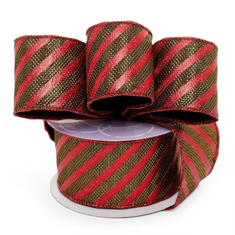 Striped Christmas Wired Ribbons 2 1/2 '' X 10 yd - Red / Gold Diagonal Stripes Color 1 / ROLL