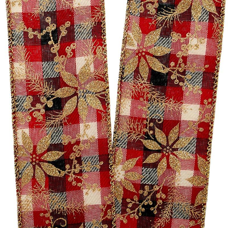 Sparkling Gold Poinsettias On Plaid Wired Ribbon 2 1/2 '' X 10 yd - 1 / ROLL