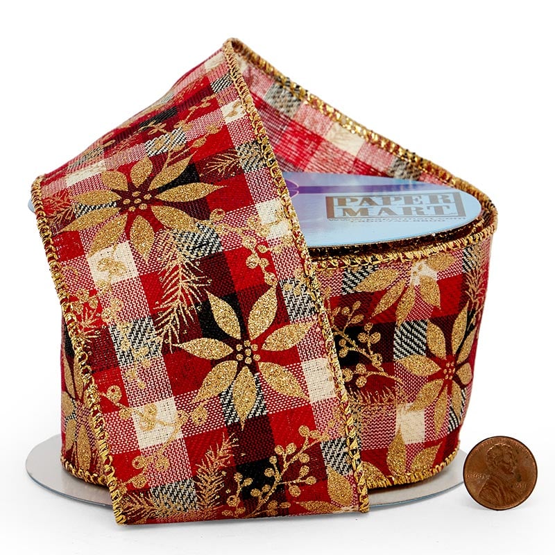 Sparkling Gold Poinsettias On Plaid Wired Ribbon 2 1/2 '' X 10 yd - 1 / ROLL