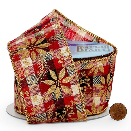 Sparkling Gold Poinsettias On Plaid Wired Ribbon 2 1/2 '' X 10 yd - 1 / ROLL