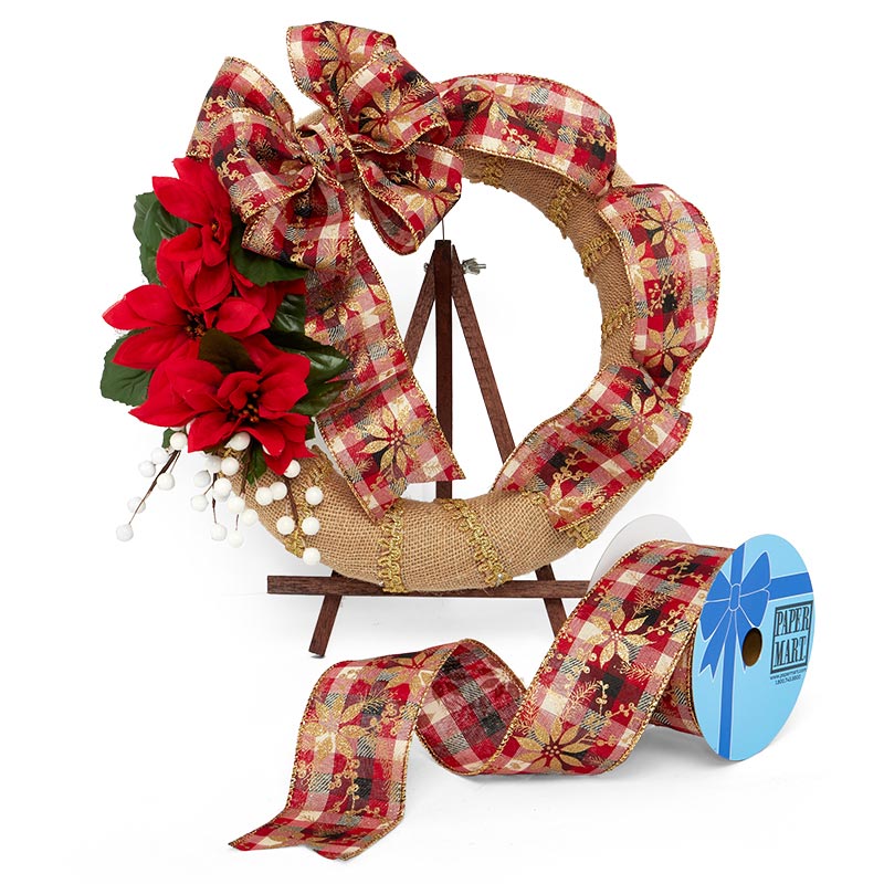 Sparkling Gold Poinsettias On Plaid Wired Ribbon 2 1/2 '' X 10 yd - 1 / ROLL