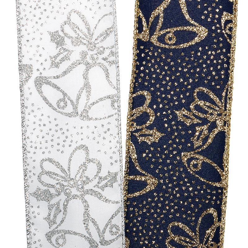 Glitter Bells On Satin Wired Ribbon 2 1/2 '' X 10 yd - White / Silver Color 1 / ROLL