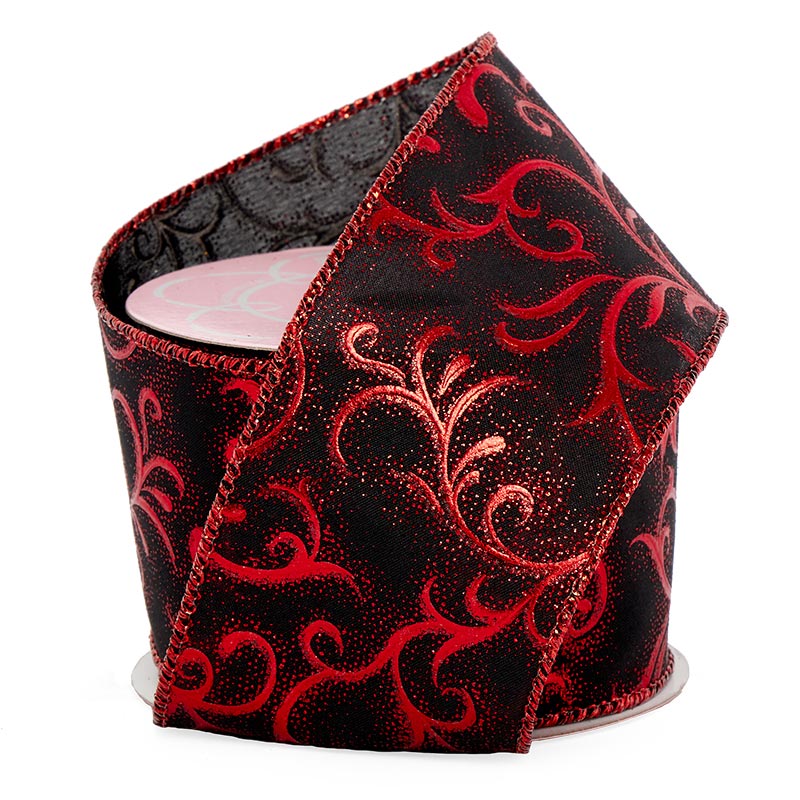 Sparkling Florentine Wired Ribbon 2 1/2 '' X 10 yd - Black / Red Color 1 / ROLL