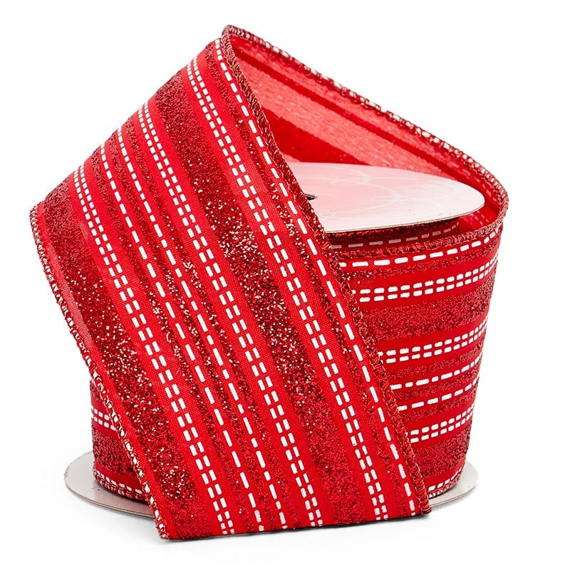 Glitter Striped Christmas Wired Ribbon 2 1/2 '' X 10 yd Red / White Color 1 / ROLL