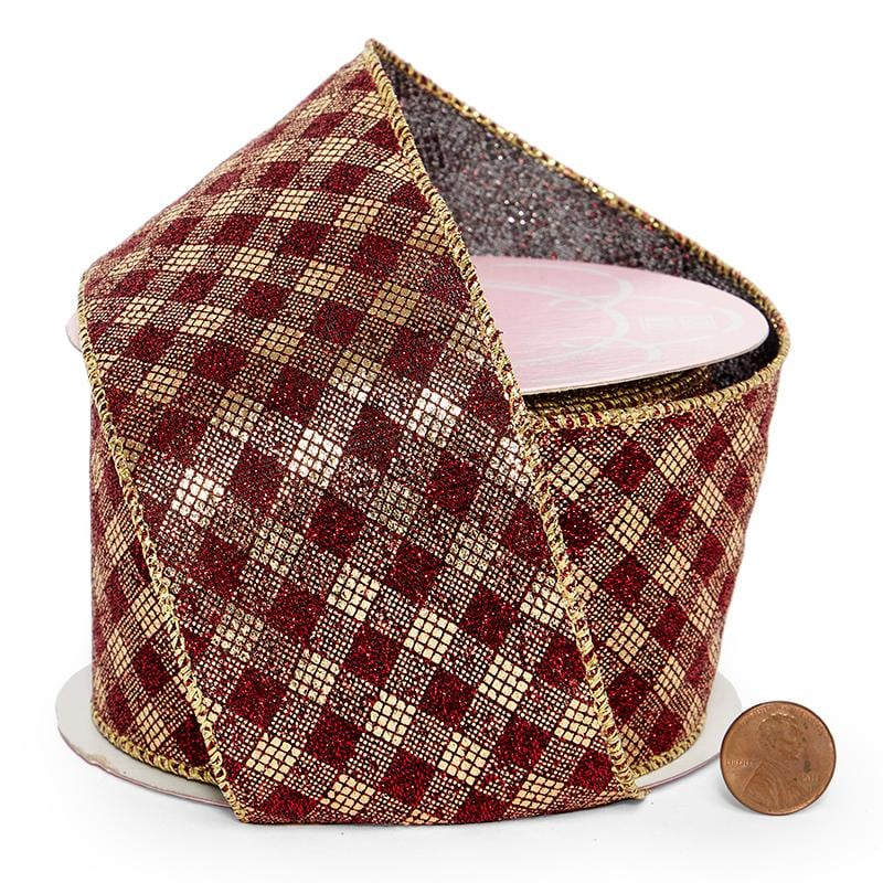 Metallic Red & Gold Checkered Wired Ribbon 2 1/2 '' X 10 yd - 1 / ROLL