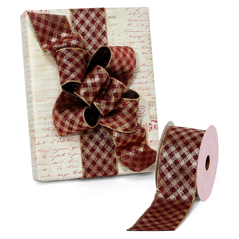 Metallic Red & Gold Checkered Wired Ribbon 2 1/2 '' X 10 yd - 1 / ROLL
