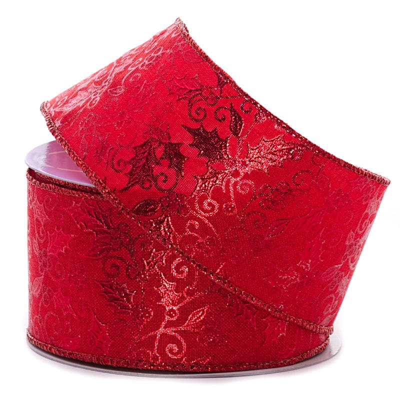 Metallic Holly Berry Wired Ribbon 2 1/2 '' X 10 yd Red / Red Linen Color 1 / ROLL