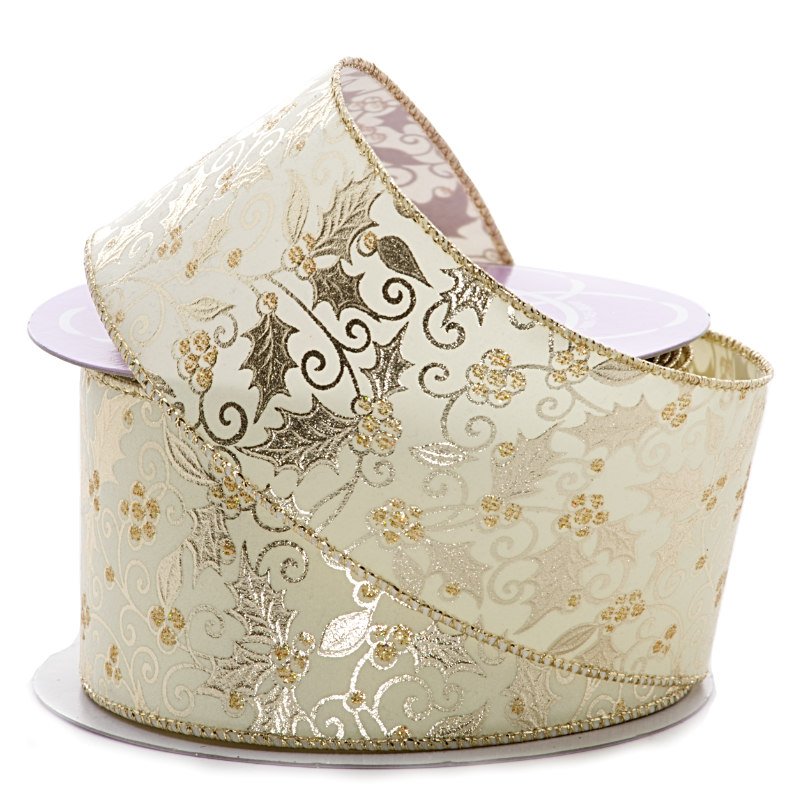 Metallic Holly Berry Wired Ribbon 2 1/2 '' X 10 yd Ivory / Gold Flocked Color 1 / ROLL