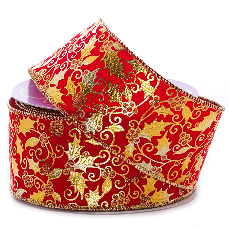 Metallic Holly Berry Wired Ribbon 2 1/2 '' X 10 yd Red / Gold Flocked Color 1 / ROLL
