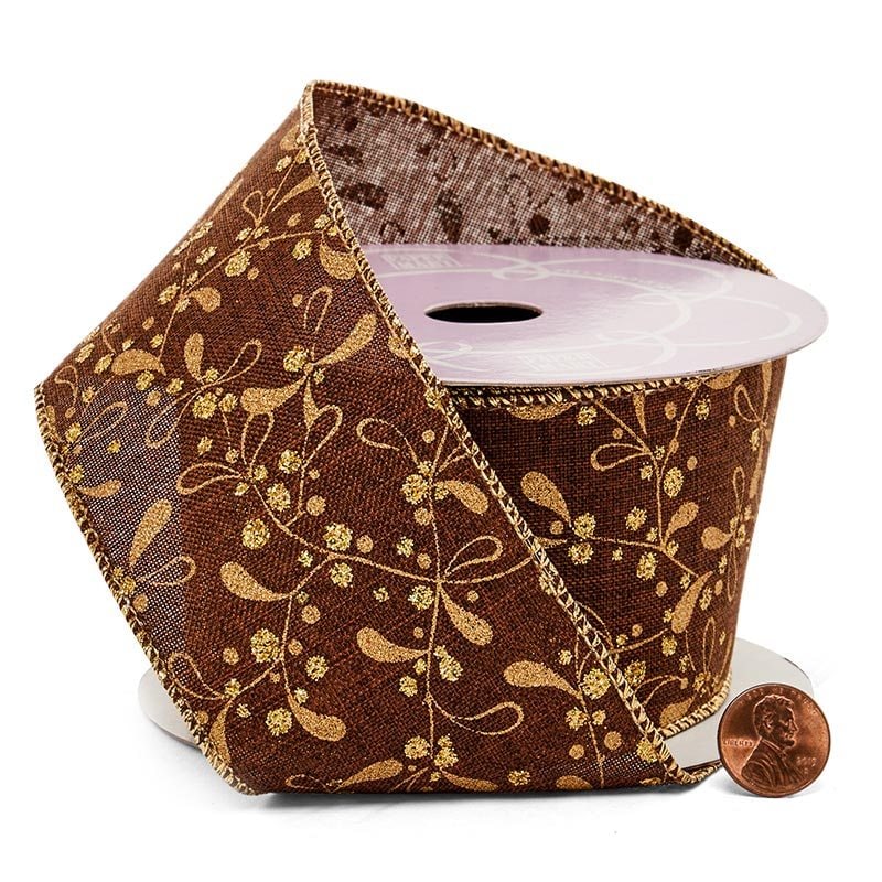 Golden Berries On Coffee Wired Ribbon 2 1/2 '' X 10 yd - 1 / ROLL