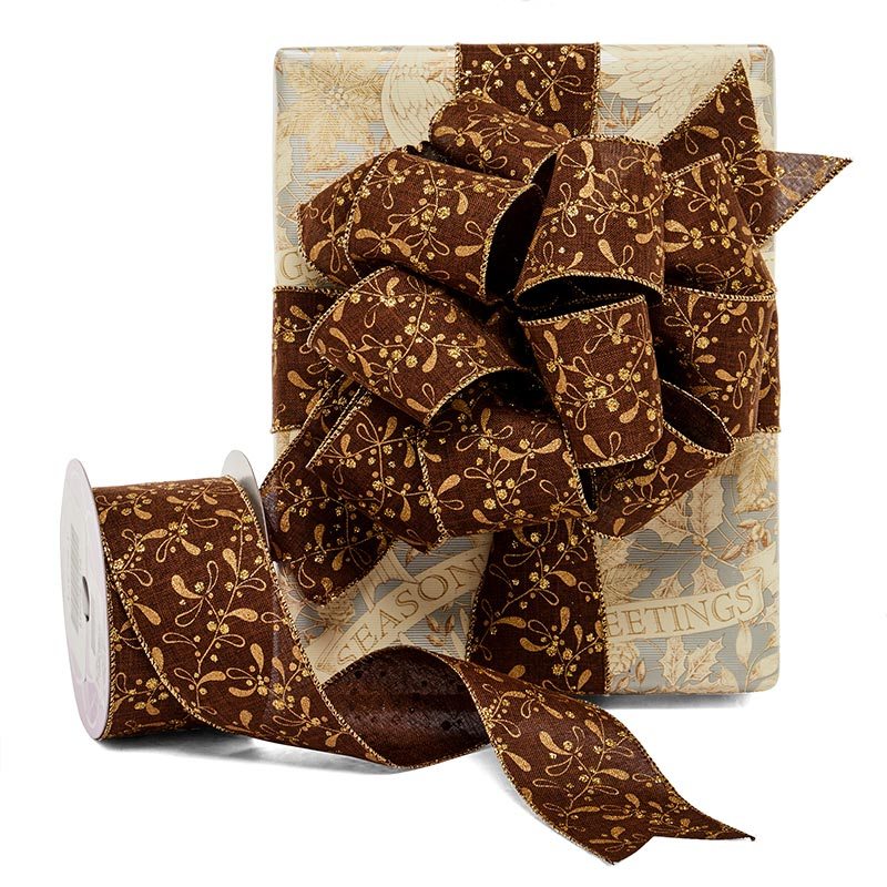 Golden Berries On Coffee Wired Ribbon 2 1/2 '' X 10 yd - 1 / ROLL