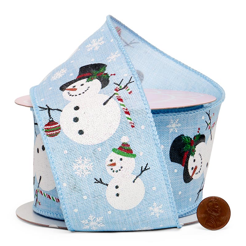 Merry Snowmen on Wired Ribbon Blue Linen – 2.5" x 10 Yards (1 Roll)