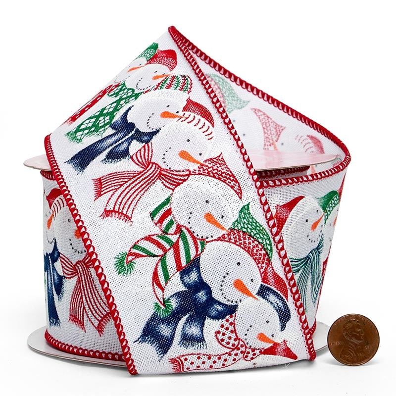 Merry Snowmen on Wired Ribbon Faux Linen – 2.5" x 10 Yards (1 Roll)