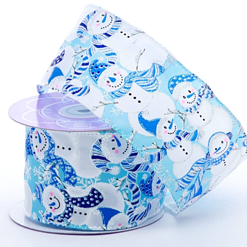Merry Snowmen on Wired Ribbon Blue Satin – 2.5" x 10 Yards (1 Roll)
