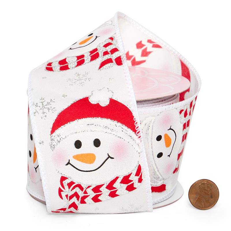 Merry Snowmen on Wired Ribbon Sparkly Smiles – 2.5" x 10 Yards (1 Roll)