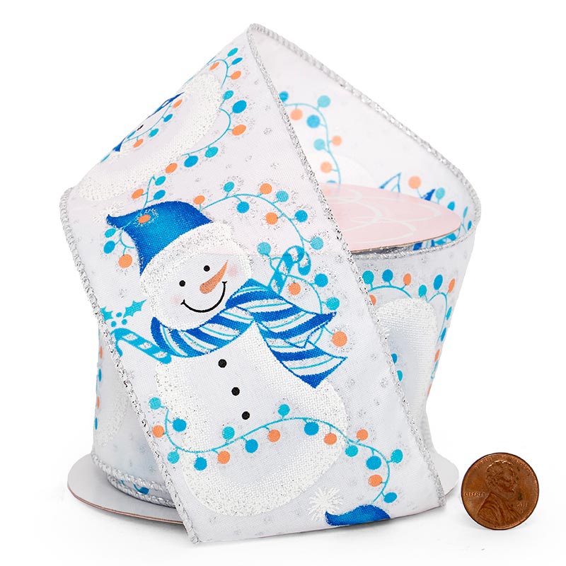 Merry Snowmen on Wired Ribbon with Christmas Lights – 2.5" x 10 Yards (1 Roll)