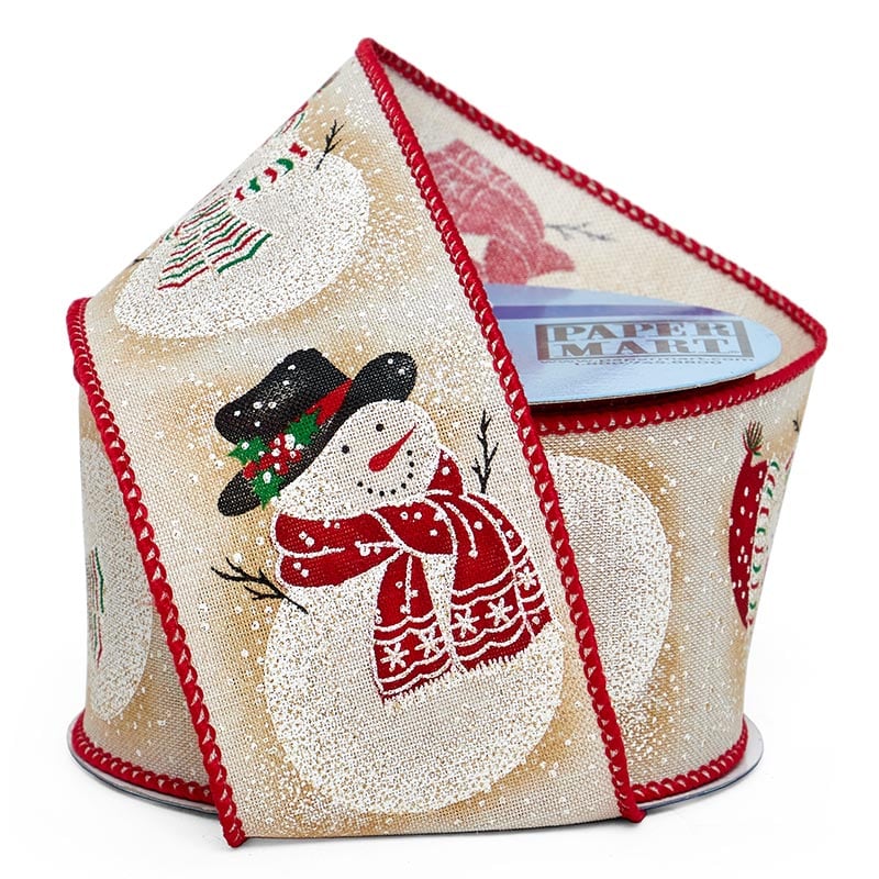 Merry Snowmen on Wired Ribbon Natural – 2.5" x 10 Yards (1 Roll)