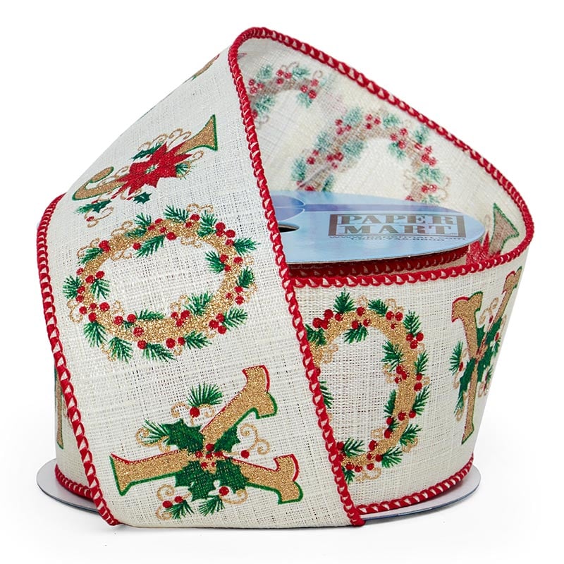 Christmas "Joy" On Wired Ribbon 2 1/2 '' X 10 yd Winter Accent Color 1 / ROLL
