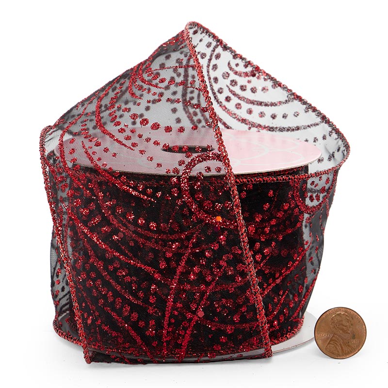 Red Sparkles On Black Sheer Wired Ribbon 2 1/2 '' X 10 yd - 1 / ROLL