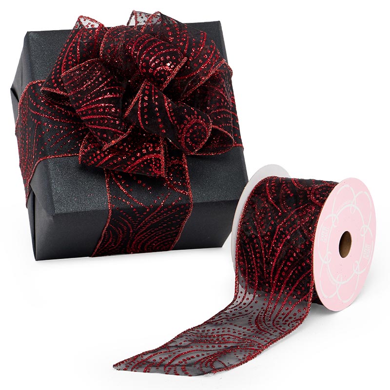 Red Sparkles On Black Sheer Wired Ribbon 2 1/2 '' X 10 yd - 1 / ROLL
