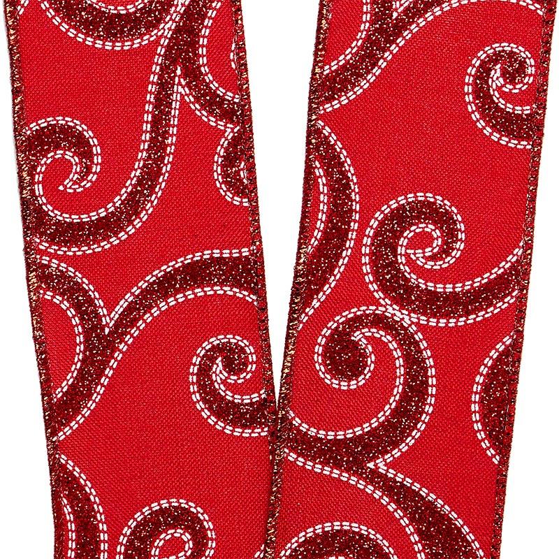 Holiday Glitter Swirl On Natural Wired Ribbon 2 1/2 '' X 10 yd - 1 / ROLL