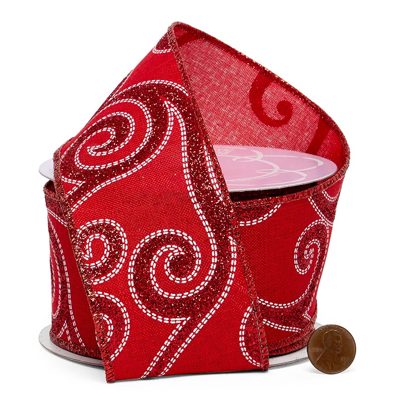 Holiday Glitter Swirl On Natural Wired Ribbon 2 1/2 '' X 10 yd - 1 / ROLL