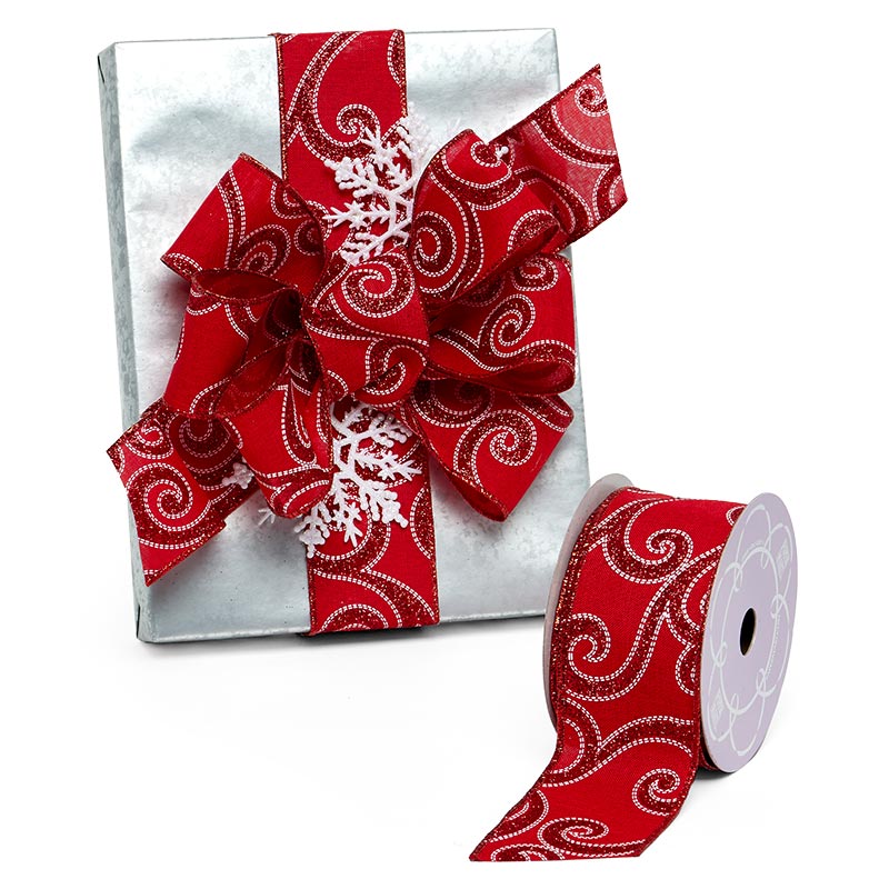 Holiday Glitter Swirl On Natural Wired Ribbon 2 1/2 '' X 10 yd - 1 / ROLL