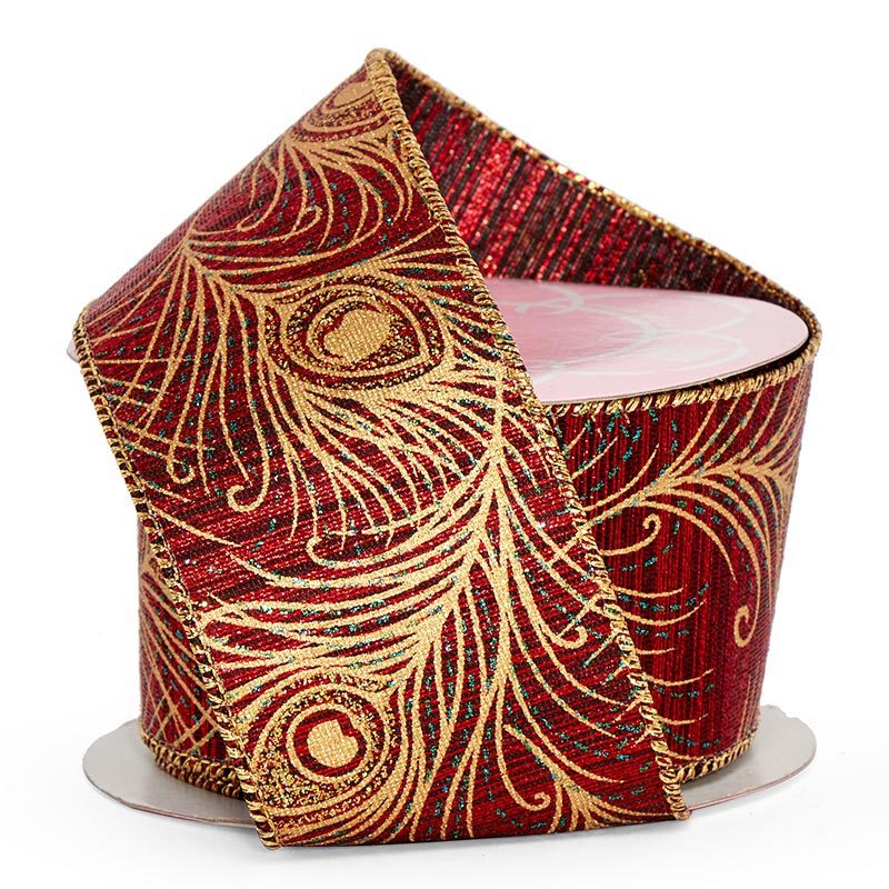 Peacock Linen Wired Ribbon Red Color 1 / ROLL