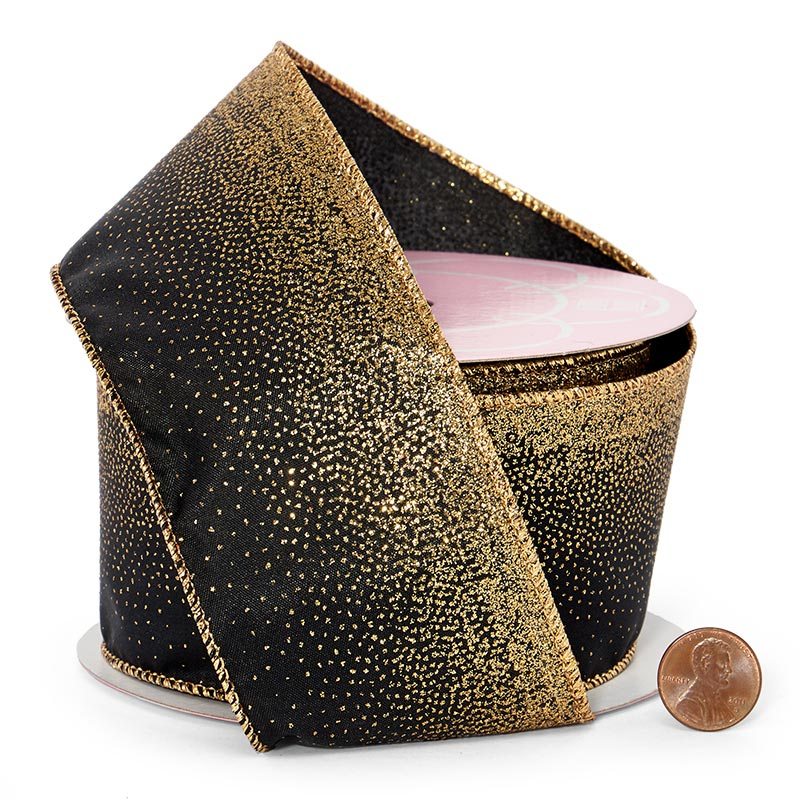 Gold Glitter On Black Wired Ribbon 2 1/2 '' X 10 yd - 1 / ROLL