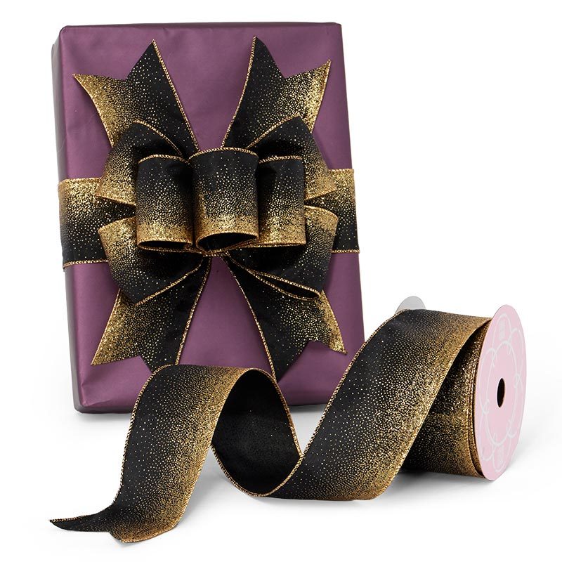 Gold Glitter On Black Wired Ribbon 2 1/2 '' X 10 yd - 1 / ROLL