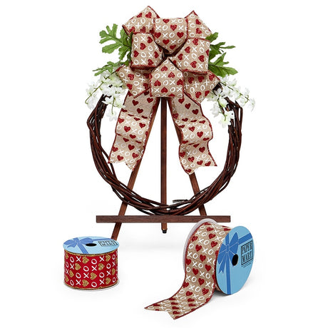 XO Glitter Heart Wired Ribbon Red Hearts (Faux Linen) Color 1 / ROLL