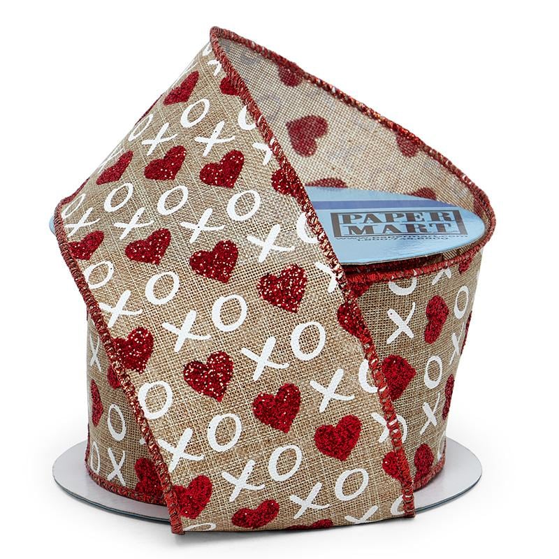 XO Glitter Heart Wired Ribbon Red Hearts (Faux Linen) Color 1 / ROLL