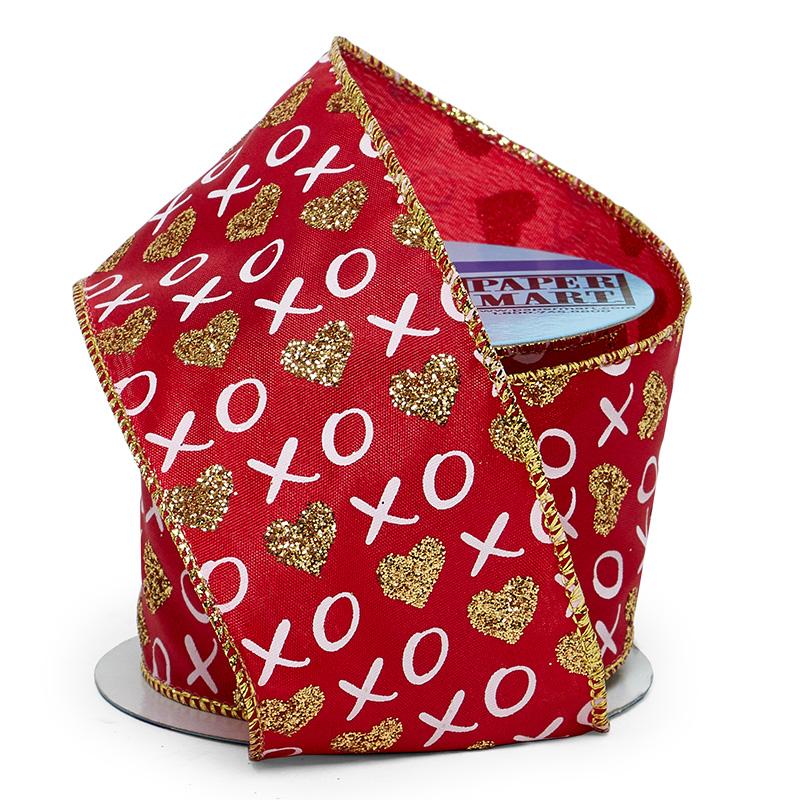 XO Glitter Heart Wired Ribbon Gold Hearts (Red Satin) Color 1 / ROLL
