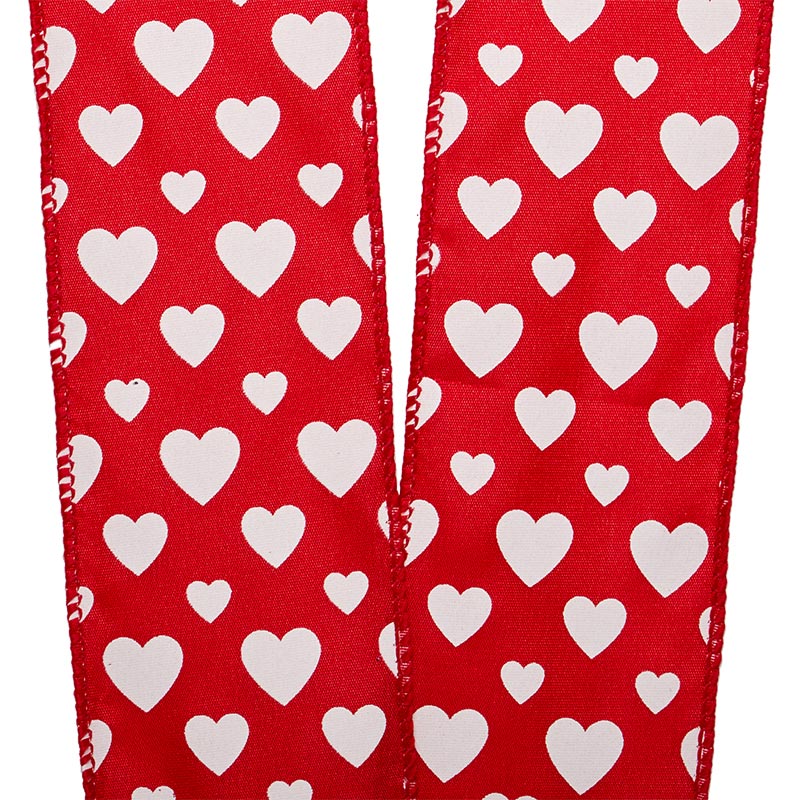 White Hearts On Red Satin Wired Ribbon 2 1/2''  10 yd - 1 / ROLL