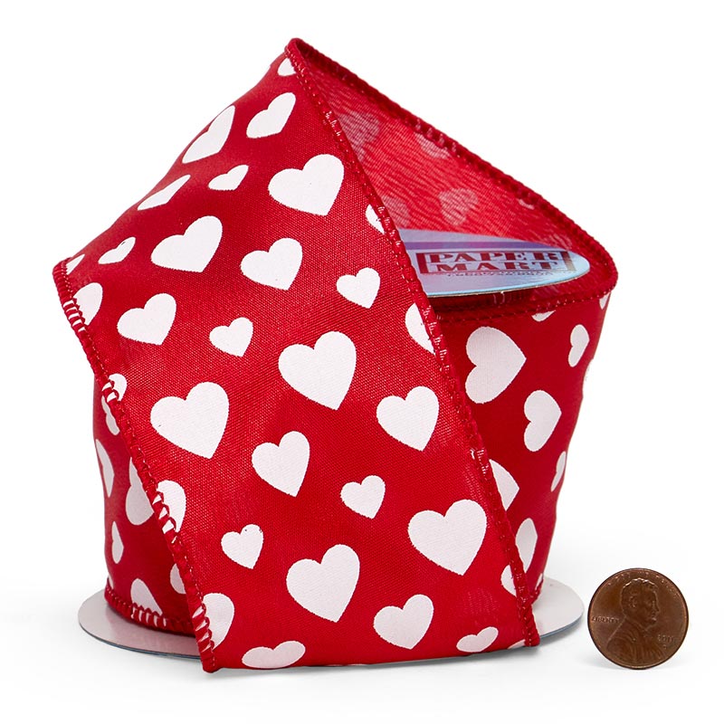 White Hearts On Red Satin Wired Ribbon 2 1/2''  10 yd - 1 / ROLL