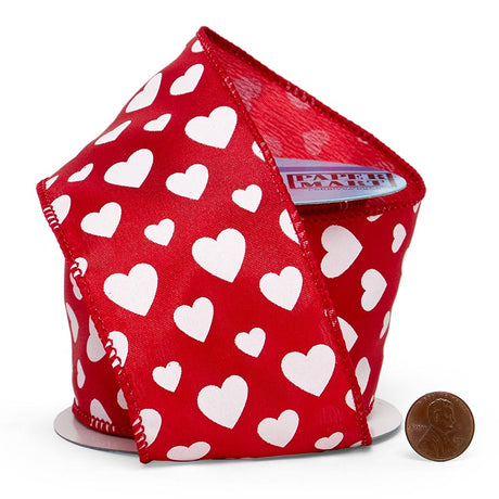 White Hearts On Red Satin Wired Ribbon 2 1/2''  10 yd - 1 / ROLL