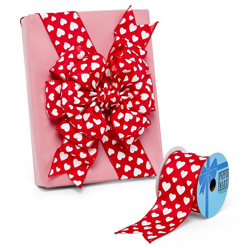 White Hearts On Red Satin Wired Ribbon 2 1/2''  10 yd - 1 / ROLL