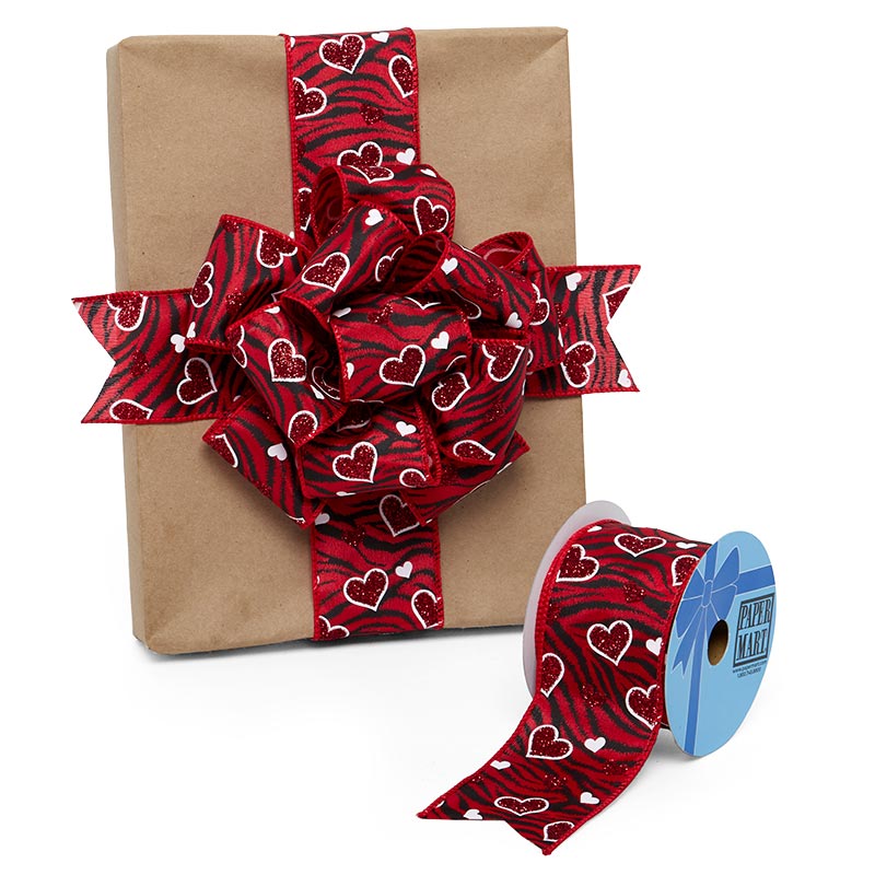 Glitter Hearts On Zebra Striped Ribbon 2 1/2 '' X 10 yd - 1 / ROLL