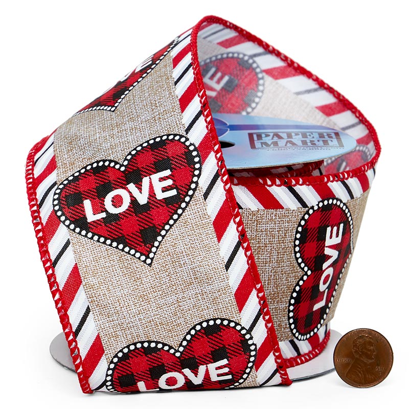 "Love" On Plaid Hearts Ribbon 2 1/2 '' X 10 yd - 1 / ROLL