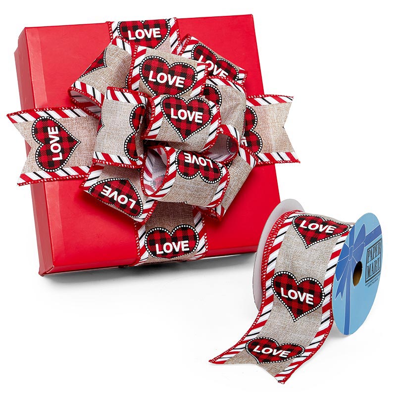 "Love" On Plaid Hearts Ribbon 2 1/2 '' X 10 yd - 1 / ROLL