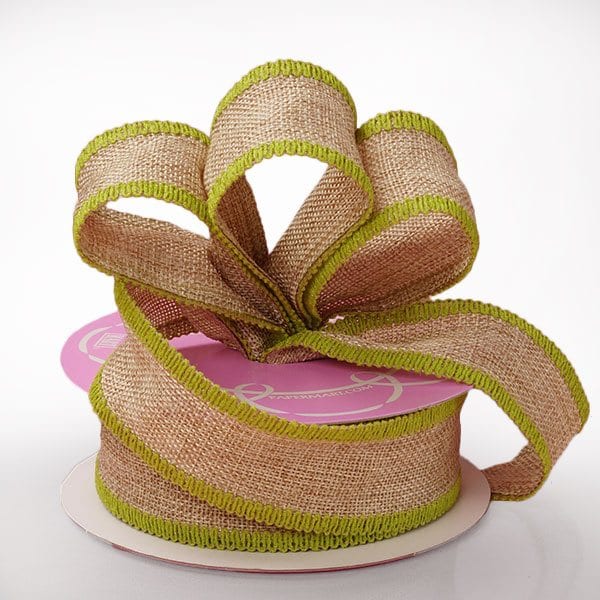 Side Stitch Burlap Ribbon 1 1/2 '' X 10 yd Natural / Green Color 1 / roll