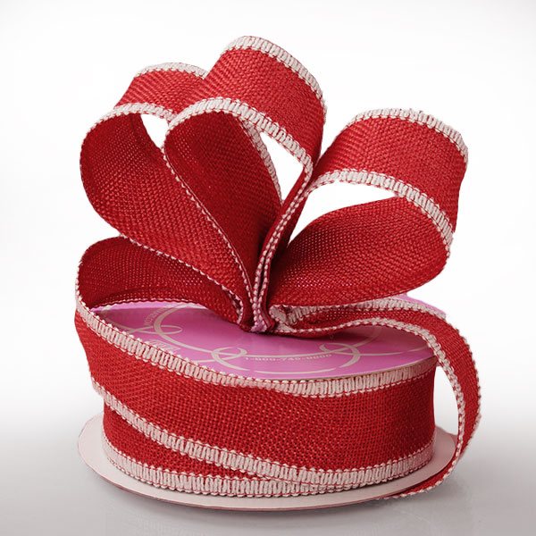 Side Stitch Burlap Ribbon 1 1/2 '' X 10 yd Red / White Color 1 / roll